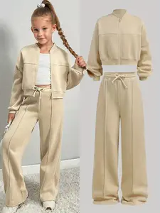 Teen Girl Clothes Set, Casual Jacket and Wide Leg Pants, Long Sleeve Knitwear, Suitable for All Seasons, Ages 3+