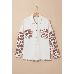 Jennie White Cow Spot Flap Pocket Hem Long Denim Jacket