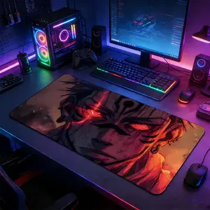 Edgy Dark Anime Character Art Large Gaming Mouse Pad, Non-Slip Rubber Base with Stitched Edge, Fiery Red & Black Grunge Style Design, Durable Desk Mat for Gaming & Office Use, Great Gift for Anime Lovers & Gamers