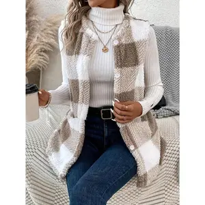 Cozy Plaid Teddy Vest - Women's Casual Sleeveless Winter Vest with Pocket and Soft Fleece Lining - Perfect for Outdoor Activities and Daily Wear Collar Fabric Knit Womenswear Cardigan Polyester Tops Comfort Crewneck