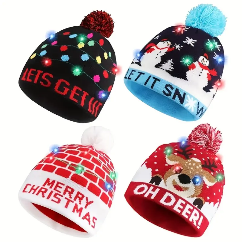 Christmas Knitted Hat, Large Size Knitted Hat Christmas Gift, with 6 Colorful LED Lights, Winter Hat 4pcs Masks