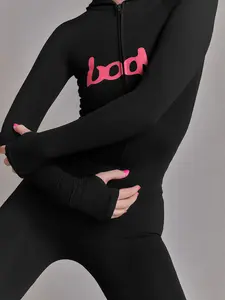 Women's New Letter Print Long Pants 2 Piecs Set, Fashion Hooded Zipper Long Sleeve Top + Slim Fit Long Pants Casual Suit, Daily Wear Lady Clothing for Spring & Fall