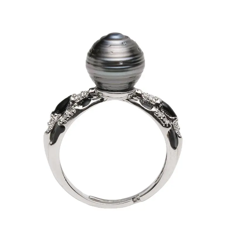 Tahitian Black Pearl Ring with Silver Plated Open Band, Black Enamel and Crystal Details, Elegant Jewelry Gift for Women Tahitianpearl Pearl Engagement Ring Silky Pearl