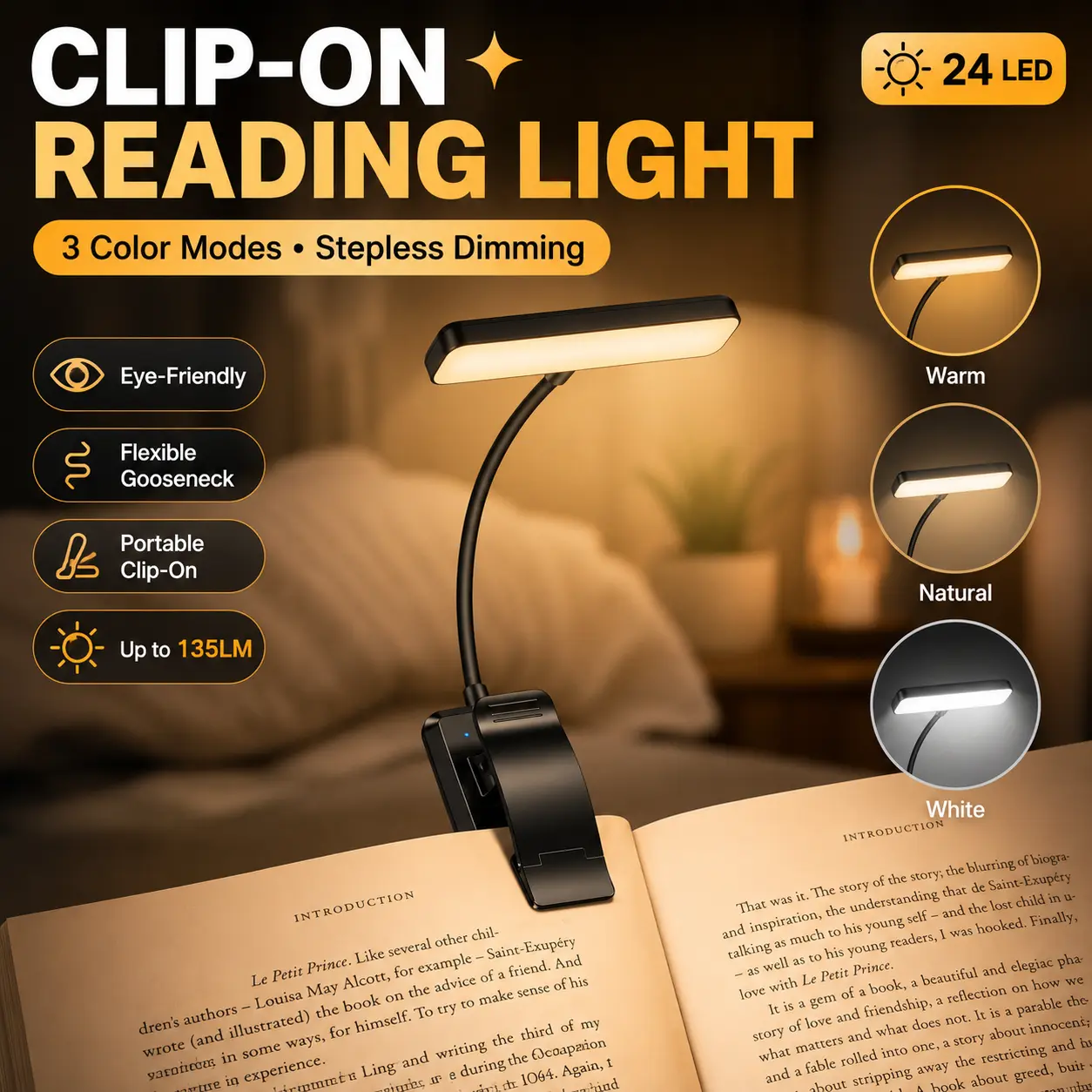 24 LED Rechargeable Book Light for Reading in Bed with Memory Function Mother's Day Gift Eye Caring 3 Color Temperatures,Stepless Dimming Brightness,80 Hrs Runtime Lightweight Clip on Light for Book Lovers Modern Mood Lighting Nightlight For Bedroom