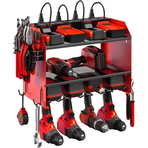 CCCEI Modular Power Tool Organizer Wall Mount with Charging Station. Garage Drill Storage Shelf with Hooks, Heavy Duty Rack, Tool Battery Holder Built in 8 Outlet. Gift for Men. Red, 1 Pack.