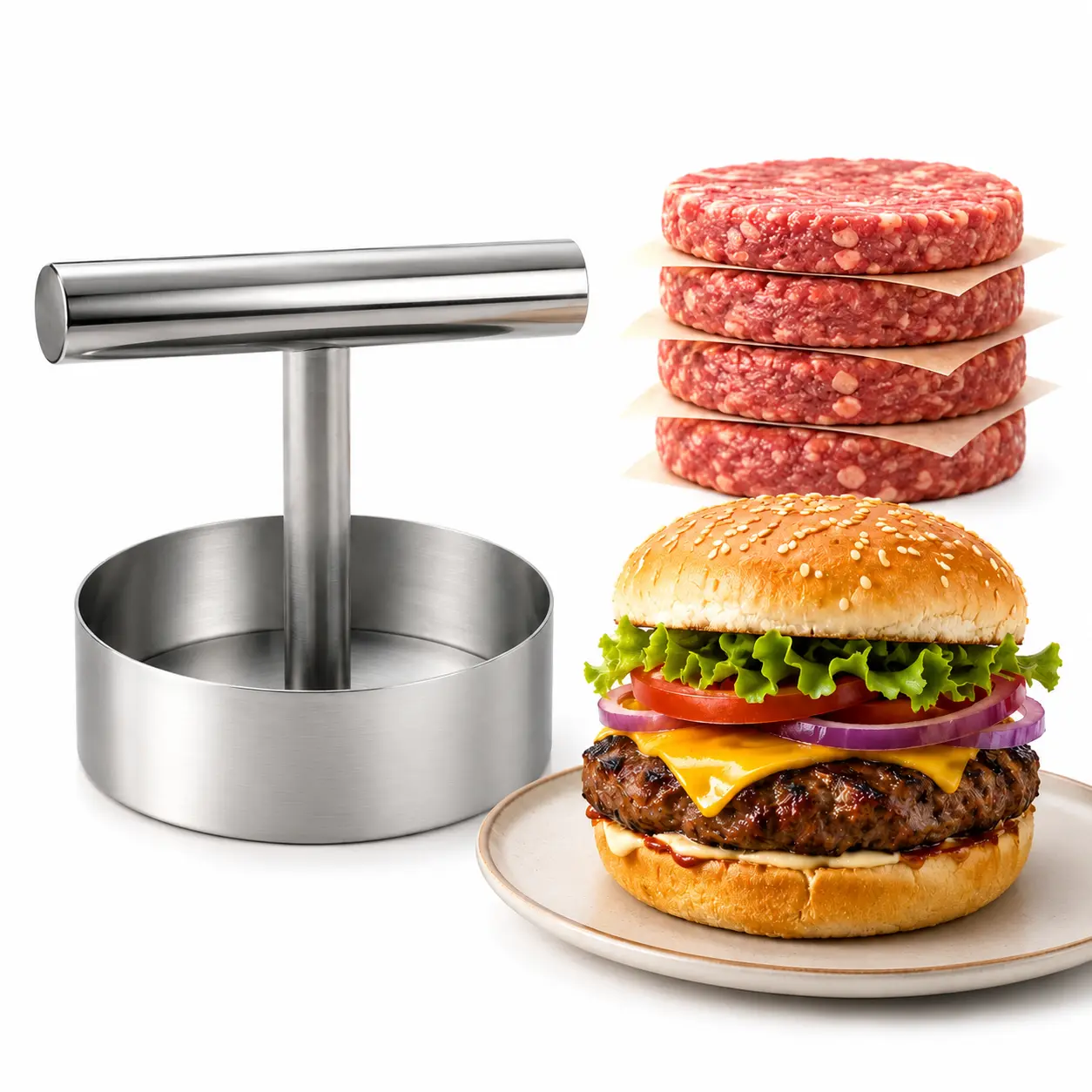 1Pc Stainless Steel Burger Press, Non-Stick Burger Patty Maker Mold, Sturdy Metal Meat Smasher, Multifunctional Kitchen Utensil for Homemade & Commercial Round Burger Patties