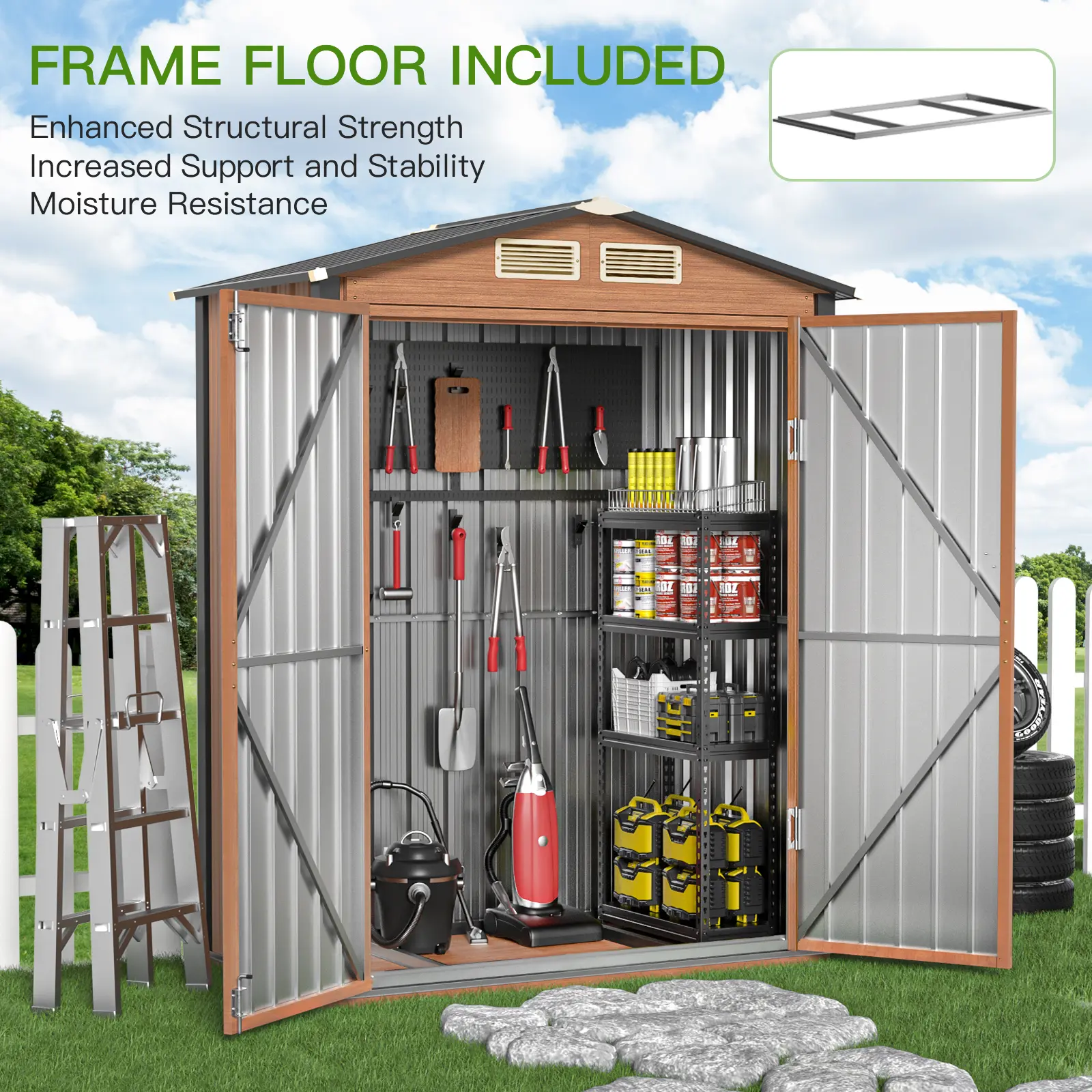 3x5 Ft Galvanized Steel Outdoor Storage Shed - Wind-Resistant Metal Structure with Frame Floor, Lockable Door, Enhanced Structural Strength, Extra Stability, All-Weather Adaptable Storage for Garden, Backyard Utility & Tool Use
