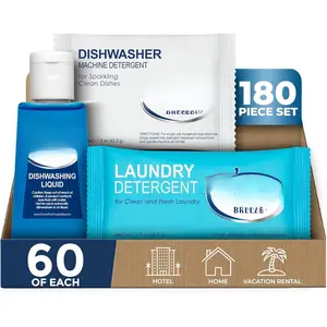 Travel Laundry Detergent & Dish Soap |  Breeze 1-Shoppe Amenities Kit | Dish Soap, Laundry Soap | 180 count