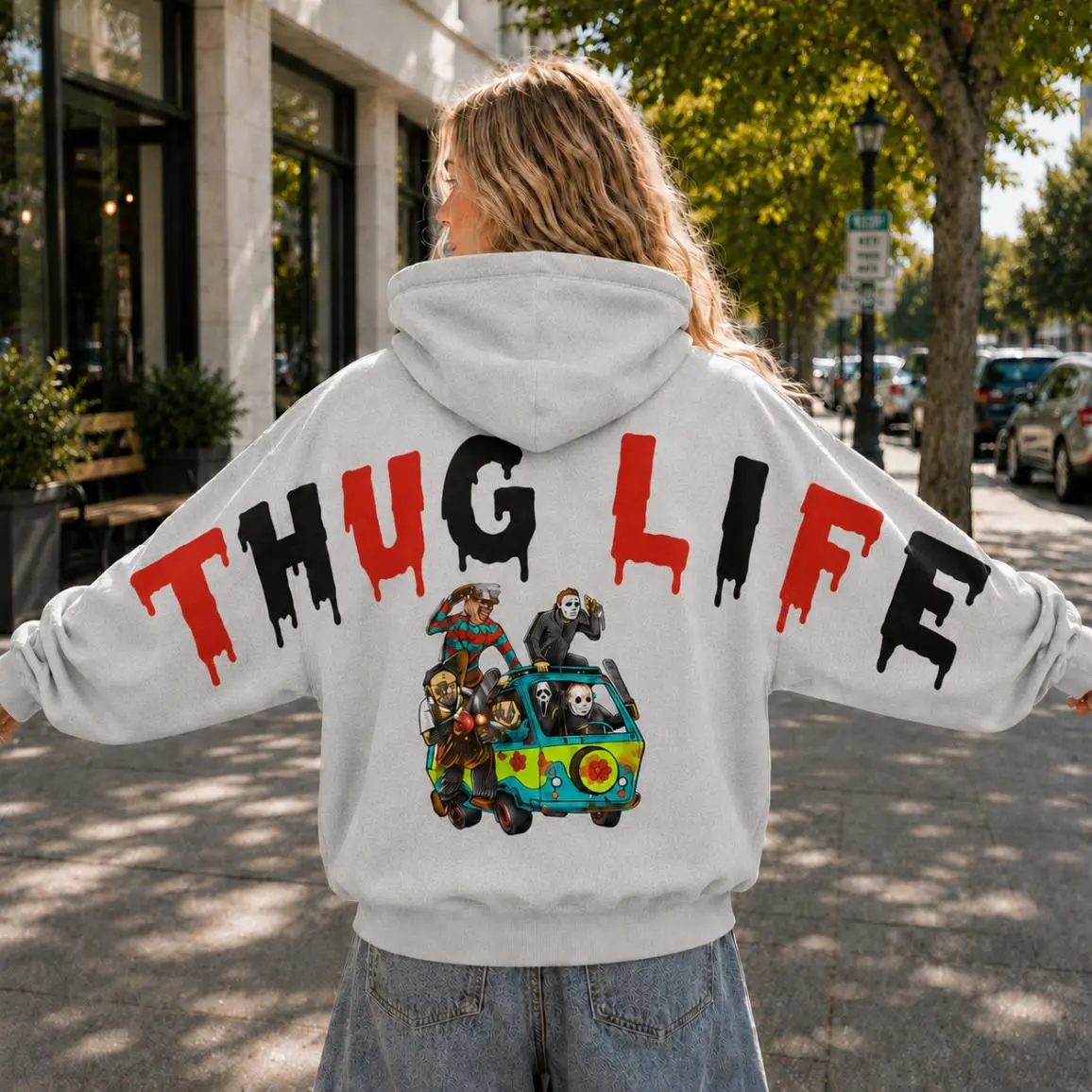 Thug Life Shoulder-to-Shoulder Back Lettering Sweatshirt, Freddy, Michael Myers, Leatherface, Jason & Ghostface Mystery Van Back Print, Oversized Unisex Halloween Sweatshirt