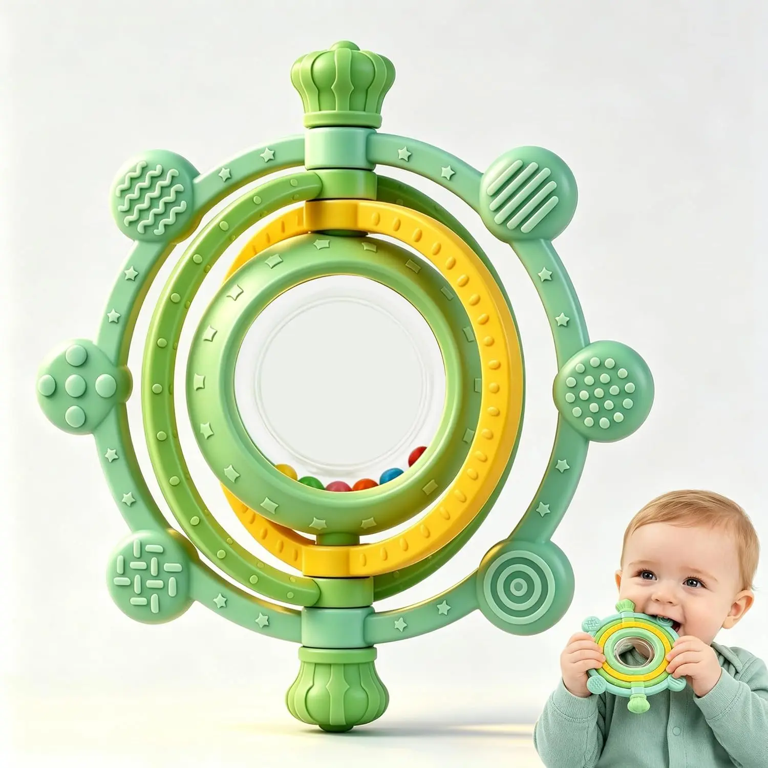 Silicone Teething Ring Rattle Toy - Non-Toxic, Massage Feature, Abs for Teething Relief & Sucking Needs, for Babies 3-6/6-12 Months, Newborn Essential, Baby Shower/Birthday Gift