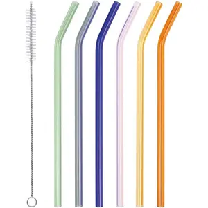 Glass Straws - 9" L x 8 mm W - Smoothie Drinking Straws for Smoothie, Milkshakes, Pack of 6 with 1 Cleaning Brush (mix1)