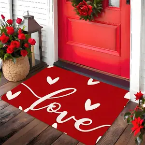 Valentine'S Day Heart-Shaped Welcome Mat - Non-Slip, Red with White Love Script, Perfect for Living Room, Bedroom, Bathroom, Kitchen - Romantic Gift, Love Decor, 100% Polyester Fiber, Machine Washable