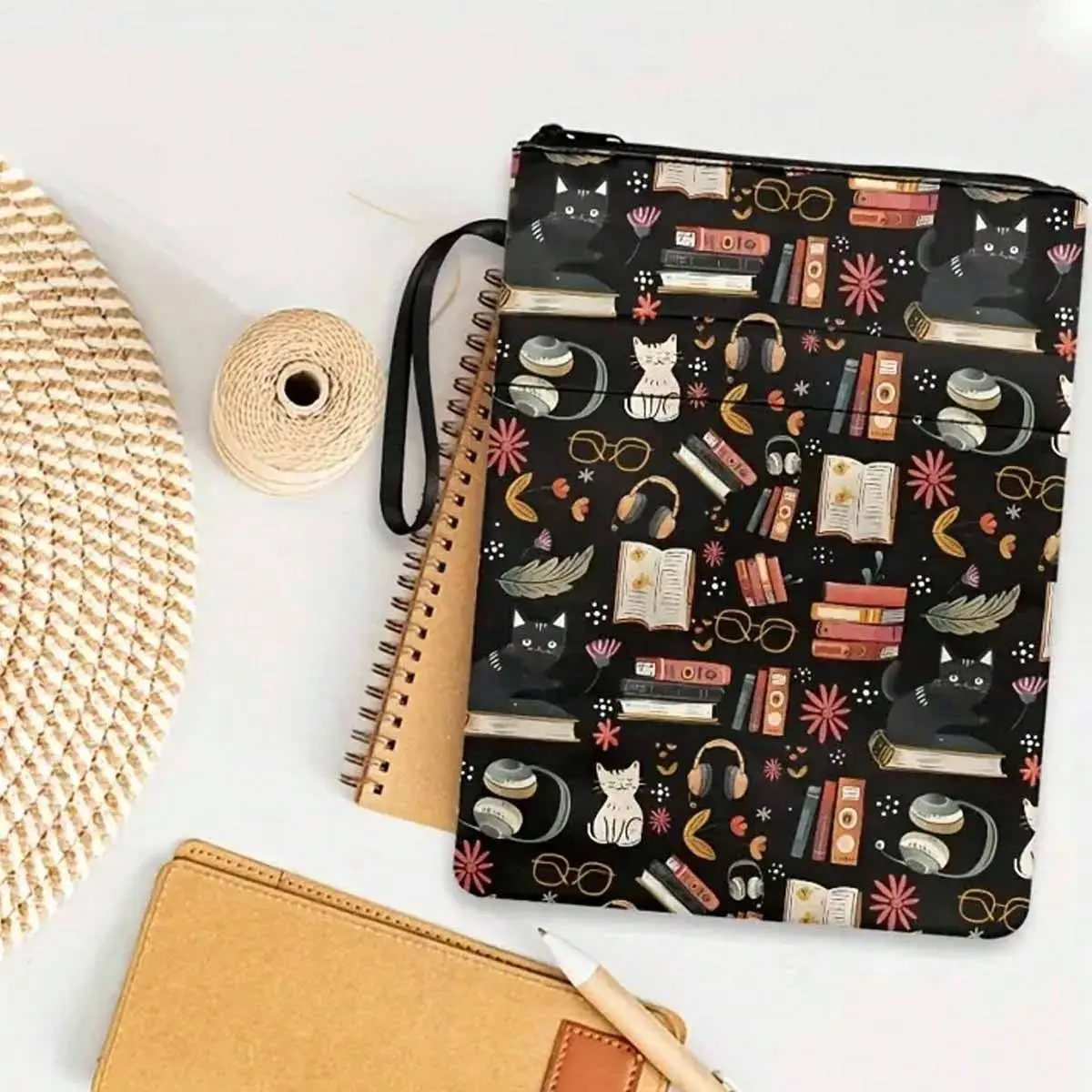 cat canvas book cover with zipper - washable paper book cover with pocket - perfect gift for women and girls, Office Desk Accessories, Office Desktop Accessories, Stationery Office Supplies, Notebook Accessories