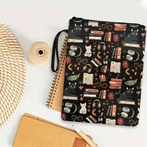 Cute cat canvas book cover with zipper - washable paper book cover with pocket - perfect gift for women and girls, Office Desk Accessories