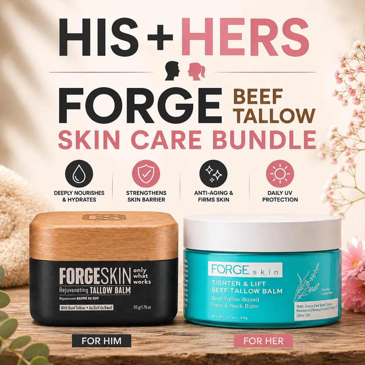 HIS+HERS FORGE Beef Tallow Skin Care Bundle: Wrinkle Defense & Natural Anti-Aging +Tighten & Lift Beef Tallow Moisturizer - Face Balm Skincare Cream for Dry Rough Skin Face Lotion for Hydration Firmness Wrinkle Repair Hydrating Smooth Skin Nourishing