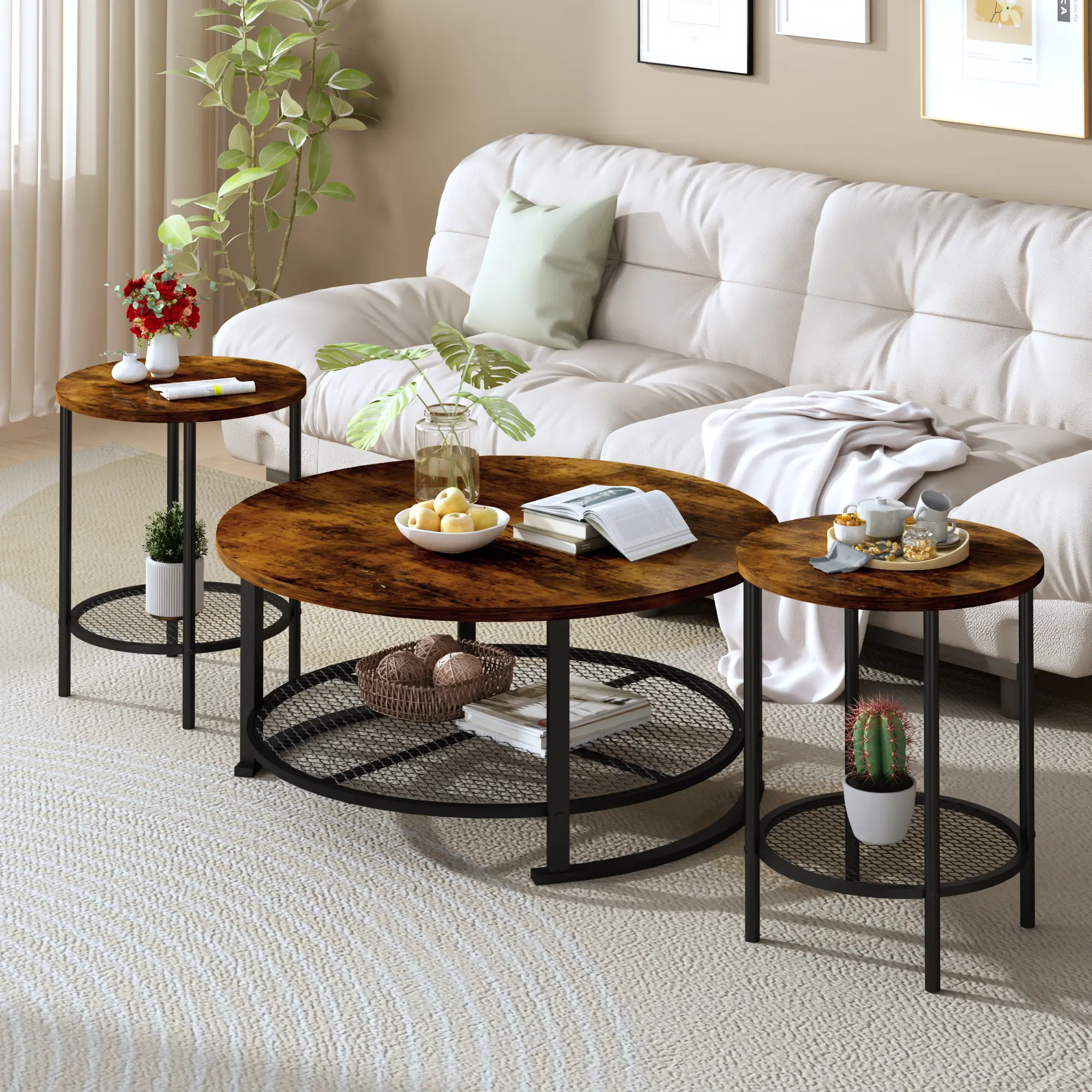 DKLGG 3-Piece Modern Farmhouse Round Coffee & End Table Set with Storage Tiers - Contemporary Living Room Decor Piece for Apartment Home Office