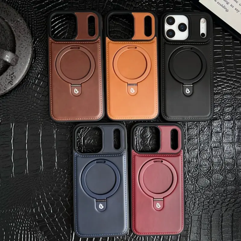 Applicable To Apple 17ProMax Magnetic Bracket Mobile Phone Case Real Leather Business Iphone16 Anti-drop 15 Protective Case