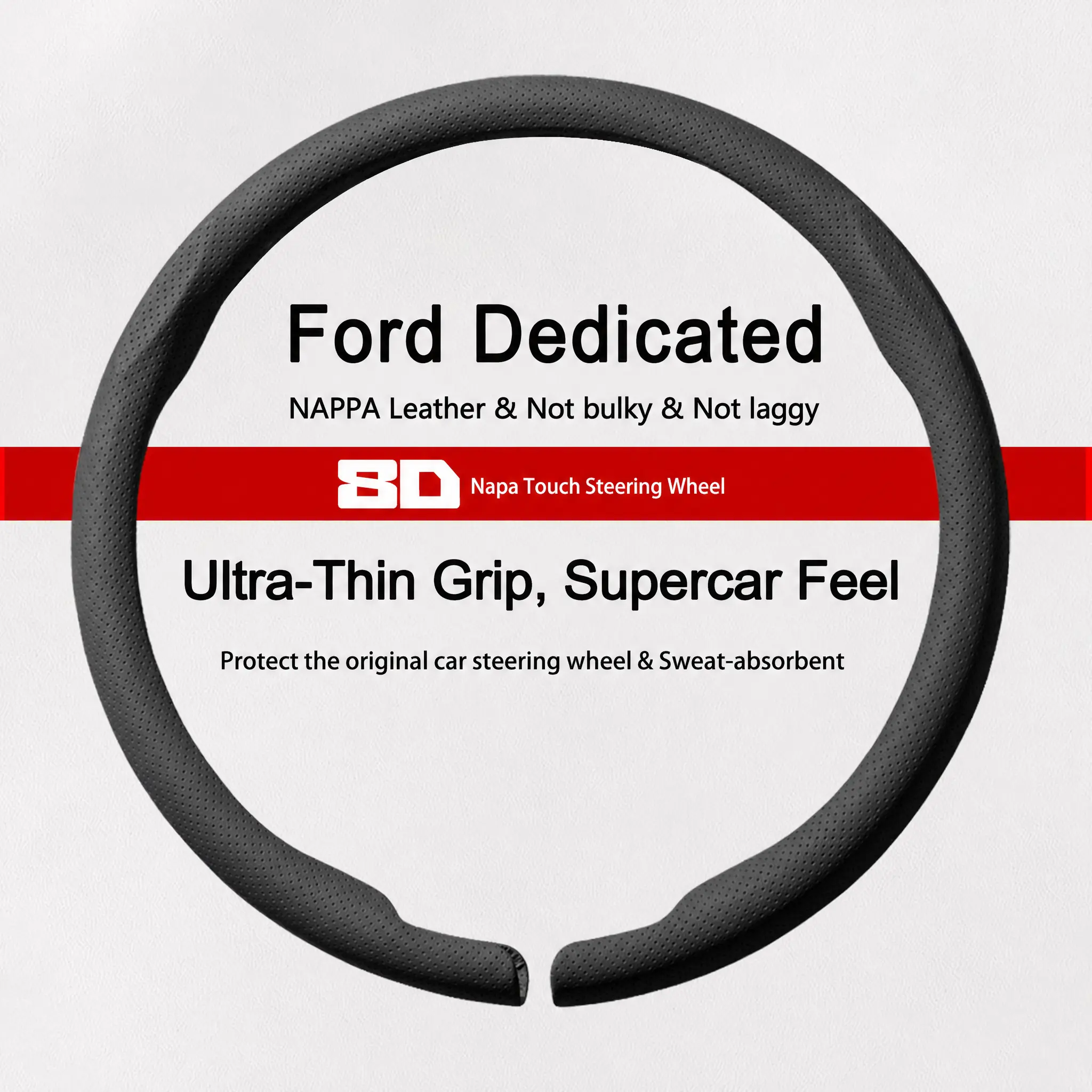 NAPPA Leather 8D Snap-On Steering Wheel Cover for Ford F150 F250 Raptor - Anti-Slip Ring, Breathable PU, Ultra-Thin Grip, Wear Protection