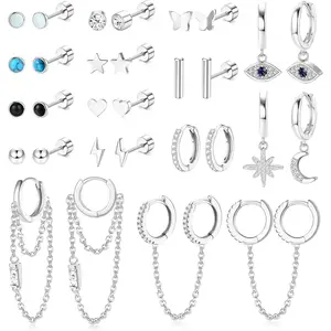 Sanfenly 15 Pairs Hypoallergenic Surgical Steel Flat Back Earrings Set, Silver Gold CZ Hoops Studs for Cartilage Tragus Helix Piercing