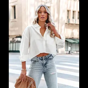 Wome's Button Down Cropped Shirts Ong Sleeve Casual Crop Tops Solid Lapel Blouse Shirt with Chest Pocket Fashion Style