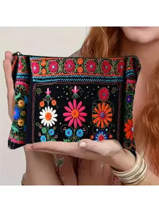 Vibrant Embroidered Floral Makeup Pouch with Secure Zipper Closure - Bohemian Ethnic Style Cosmetic Organizer for Women, Lightweight & Portable Travel Clutch Bag, -Inspired Folk Art Design Accessory Pouch Gift | Colorful Hand-Stitched Bag | Dura