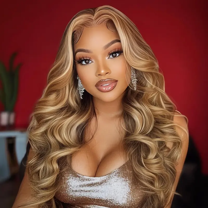 Sunber 7X5 Glueless Human Hair Lace Closure Wig - Honey Blonde Loose Waves with Bangs, Pre-Plucked Line, Pre-Cut Larger Lace Closure, Invisible Knots, Adjustable Strap, Smart Manageable Cap, Versatile Styling, Ready-to-Wear for Summer