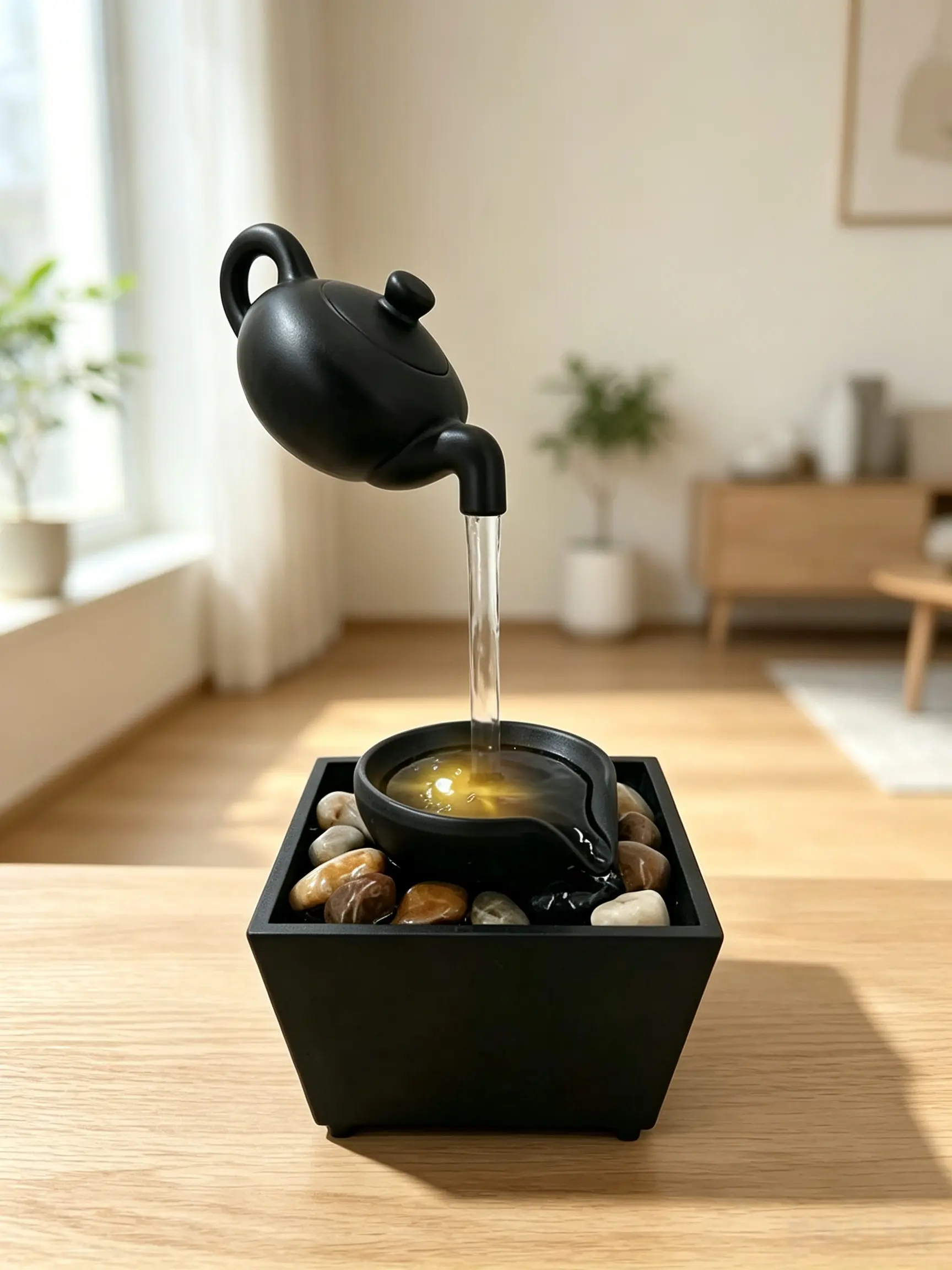 Floating Teapot Water Fountain with LED Lights, Indoor Zen Tabletop Fountain with Flowing Water and Stones for Home Office Decor
