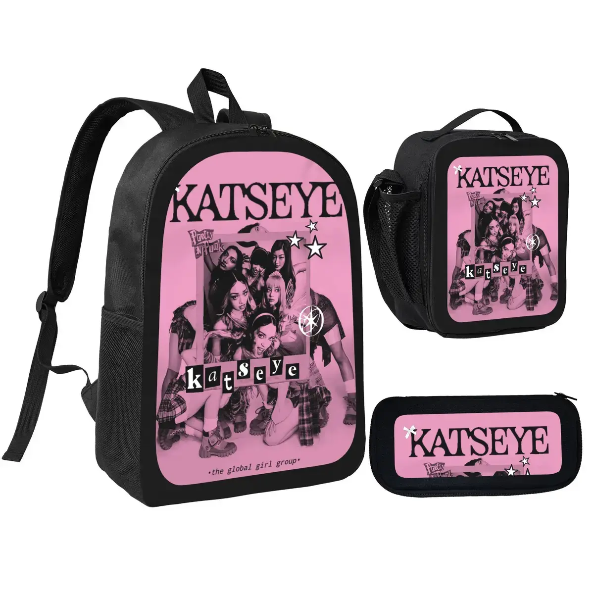 3-Piece Katseye School Backpack Set - Insulated Lunch Bag, Pencil Case & Backpack Combo, Durable Fabric, Single Large Compartment for Girls’ School Essentials