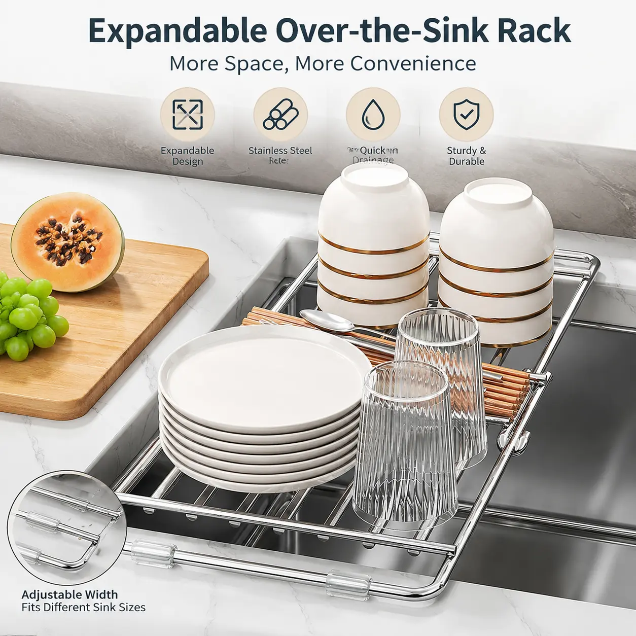 1 Count, Retractable Stainless Steel Sink Drain Rack, Holds Dishes, Fruits and Tableware for Draining, Fits Various Kitchen Sinks