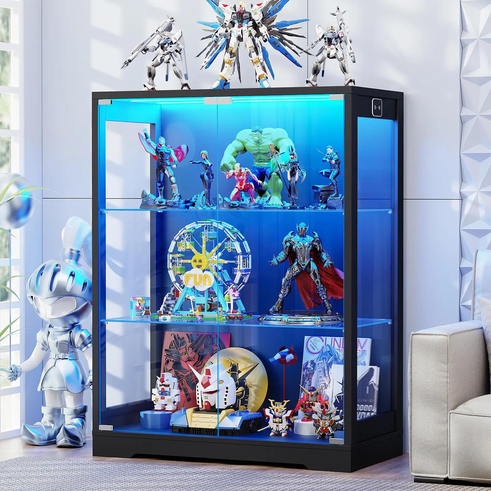BROTTAR Display Cabinet with Glass Door, Curio Cabinet with 3 Color Lights for Collectibles, 3-Tier Glass Display Case with Adjustable Glass Shelves & Human Body Sensor, Storage Cabinets, Black