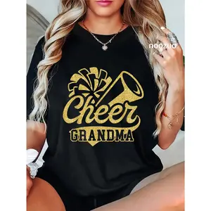 100% Cotton Cheer Grandma Biggest Fan Black Yellow Gold Pom Pom T-Shirt