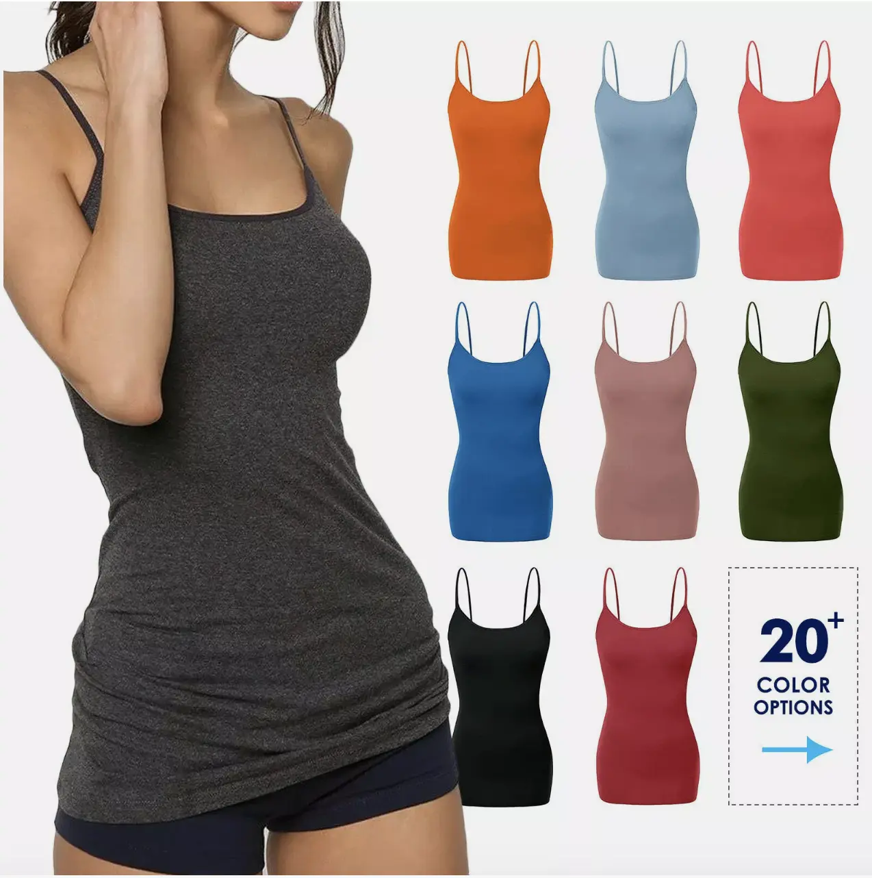 Women's Long Camisole Tank Tops Cotton Basic Cami Plain S -3XL   Womenswear
