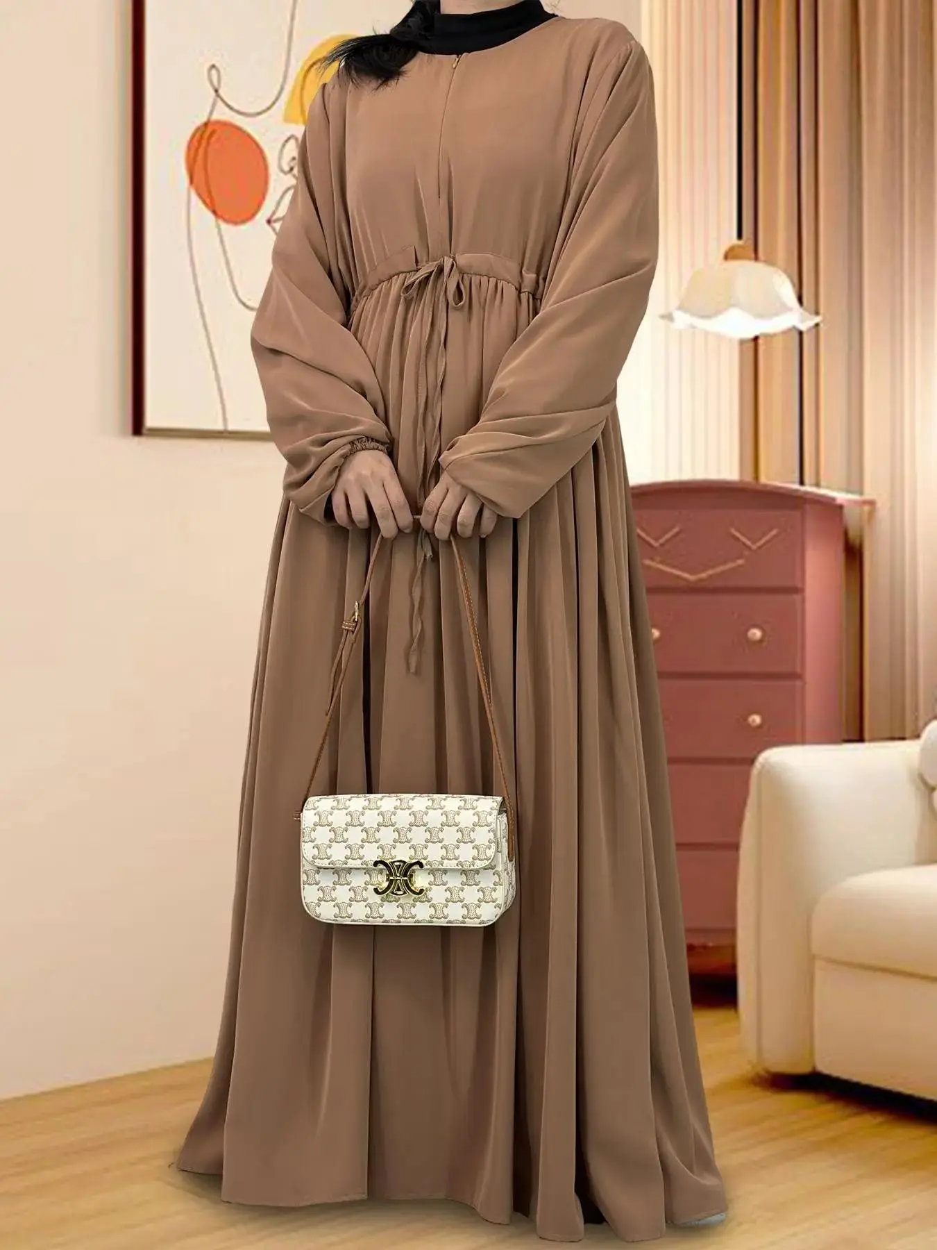 Solid Color Open Front Lounge Dress with Long Sleeves and Kaftan Silhouette, Casual Style for Daily Wear and All Seasons Sleepwear, feminine charm, elegant silhouette, cozy sophistication