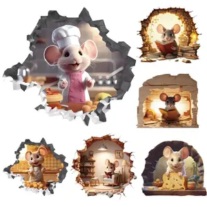 6-Piece Chef Mouse Hole Switch Stickers, Cartoon Mouse Kitchen Decor Stickers, Fun and Creative Wall Art for Home Decoration