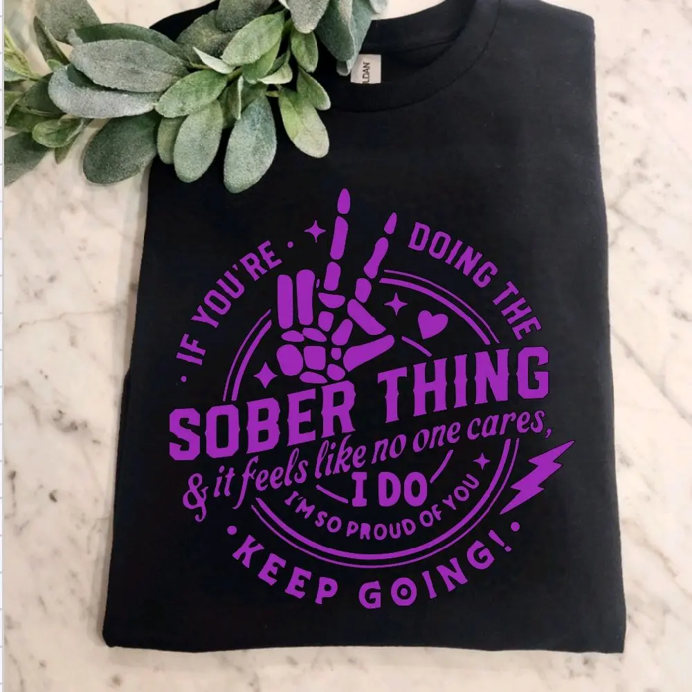 sober shirt recovery proud keep going popular retro Short sleeve tshirt Unisex black and purple