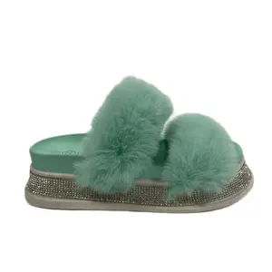 Women's Faux Fur Rhinestone DS-28 Comfort Wedge Footwear with Plush Fur and Decorative Heel - Girl, Summer, Walking Shoes, Weight Stylish Active Design Black Capybara slippers Boho comfy sandal Platform