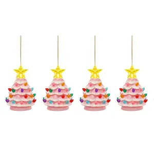 4 in. Set of 4 Nostalgic Ceramic Tree Ornaments - Pink with Multicolored Bulbs