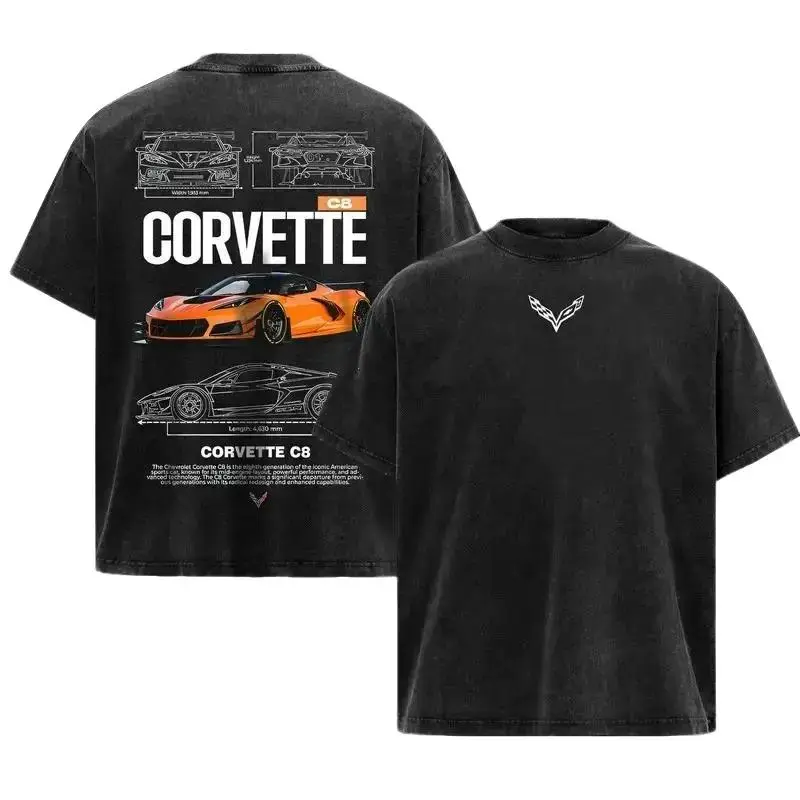 Unisex Corvette C8 Super Car Graphic T-Shirt - Retro Racing Cotton Oversized Streetwear Top, Men's Short-Sleeve Classic Trending Wash Tee 12