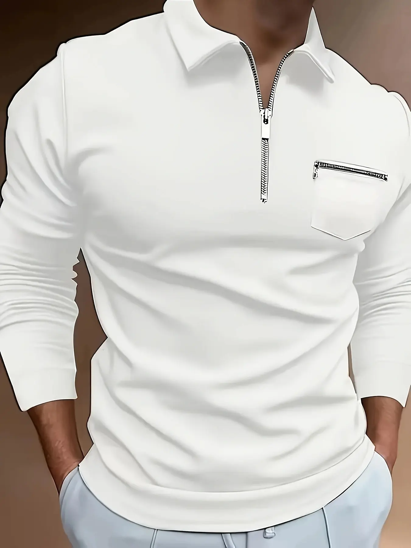 Men's Solid Color Long-Sleeved Zipper Lapel Polo Shirt with Chest Pocket, Comfortable Fashionable Casual Menswear Top