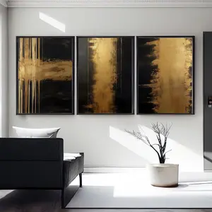Gold Abstract Oil Painting, Set of 3, Dark Background, Black Wall Art, Black and Gold, Minimalist Abstract, Golden Wall Décor #89
