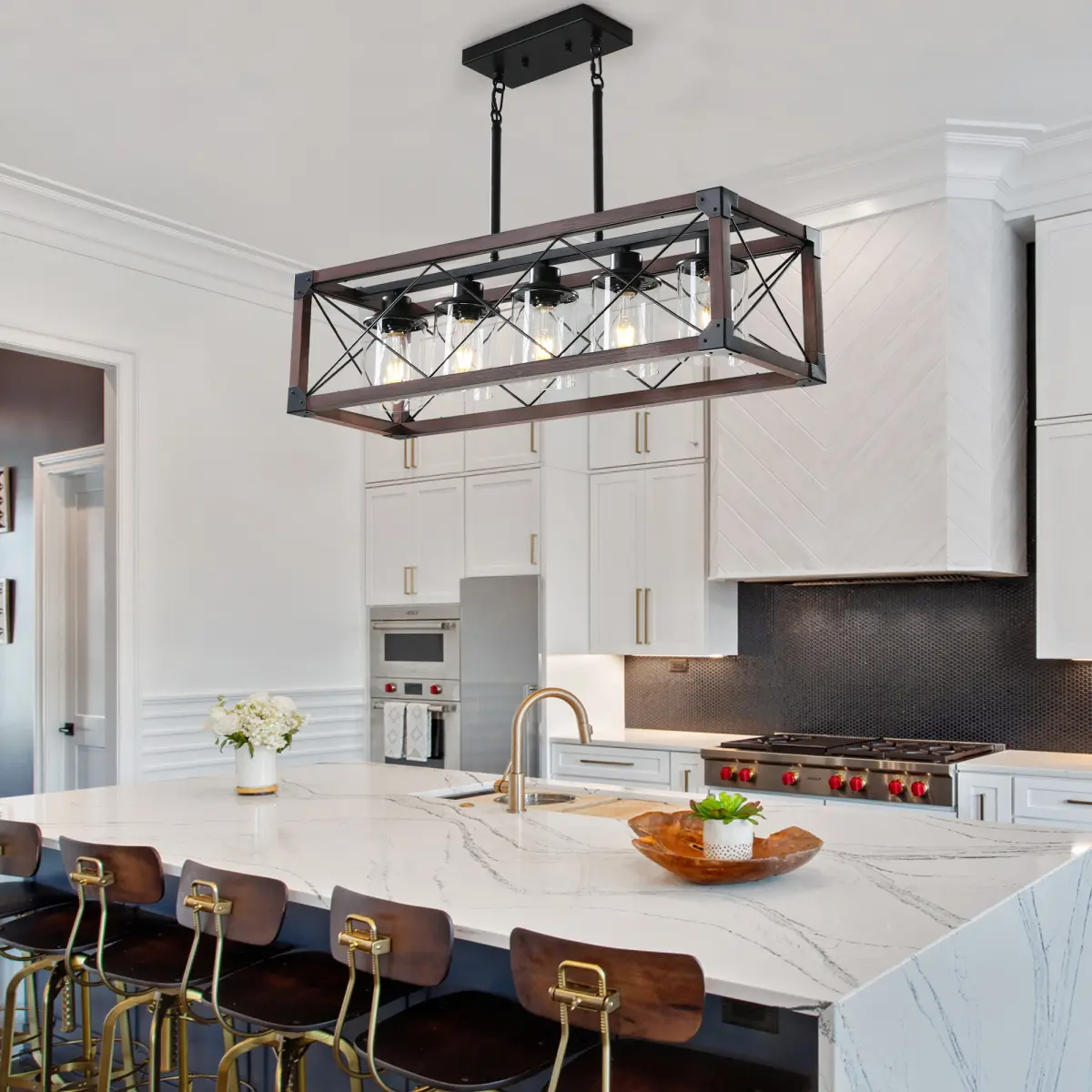 32" Red Wood Industrial Farmhouse Rectangle Pendant Light, 5-Light Chandelier with Lampshade for Dining Room, Kitchen Island, Cafe Decor (No Bulbs)