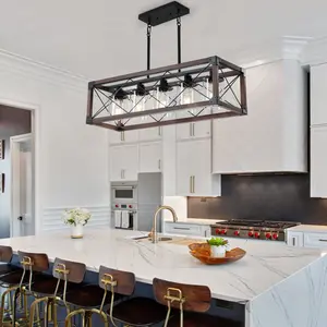 32" Red Wood Industrial Farmhouse Rectangle Pendant Light, 5-Light Chandelier with Lampshade for Dining Room, Kitchen Island, Cafe Decor (No Bulbs)