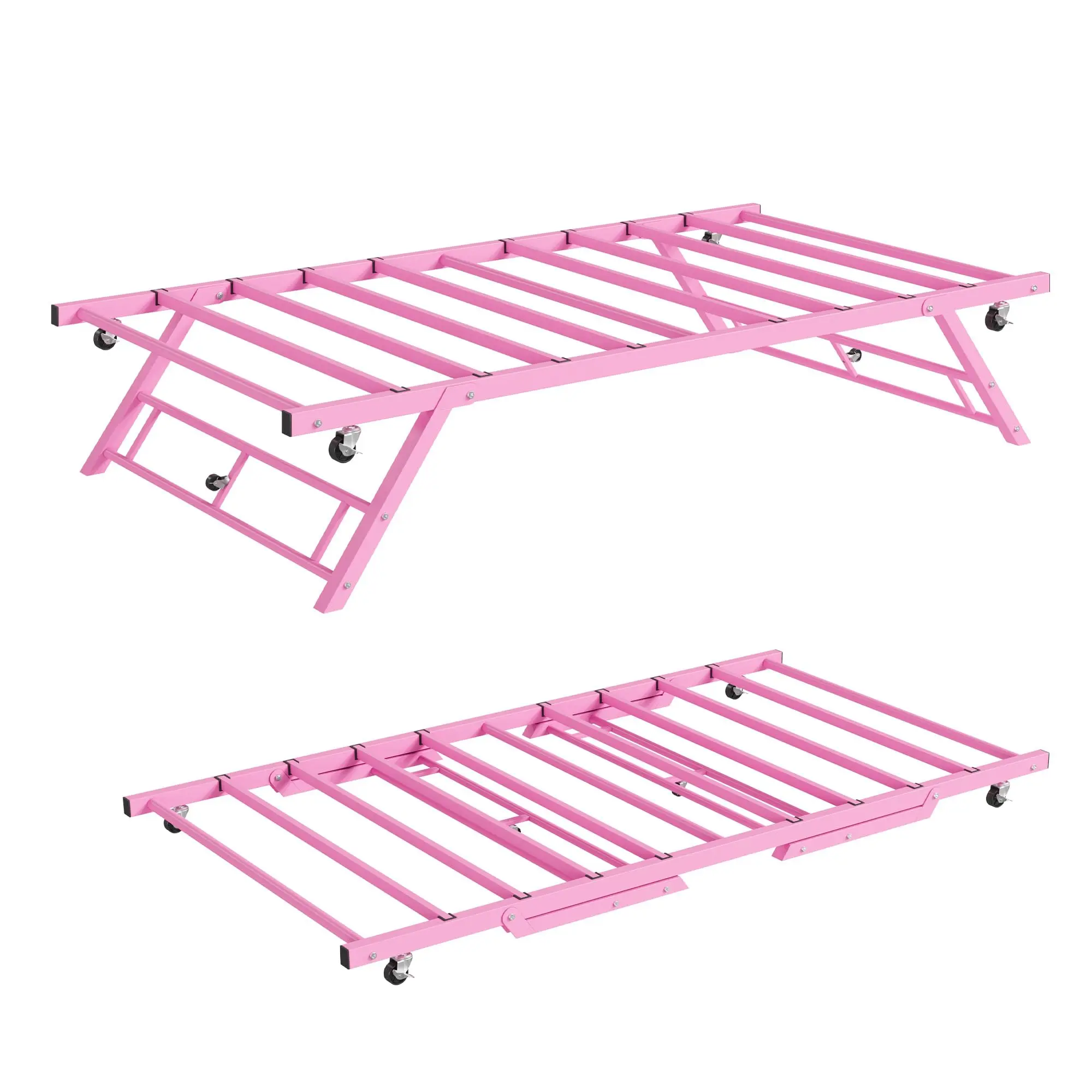 Twin Pop Up Trundle Bed Frame, Trundle Day Bed with Lockable Casters Foldable Metal Platform,Heavy Duty Metal Slats,Use Solo or With Daybed,For Guest Room,Living Room,Space Saving