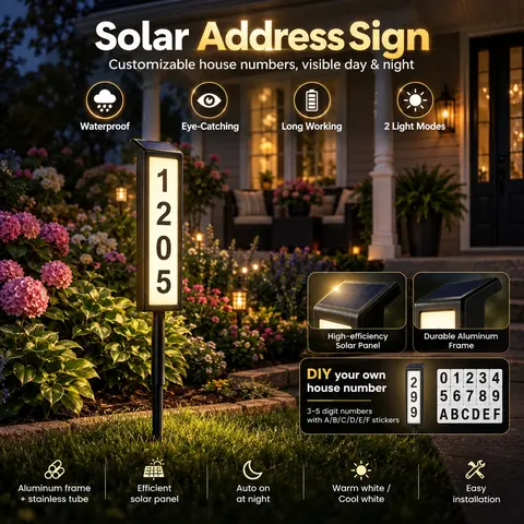 HOODINK Solar LED Address Sign Plaque - Aluminium & Stainless Light Up Address Numbers for Outside Yard Home