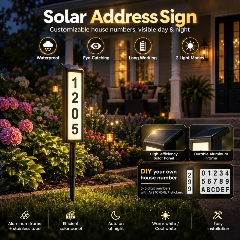 HOODINK Solar LED Address Sign Plaque - Aluminium & Stainless Light Up Address Numbers for Outside Yard Home