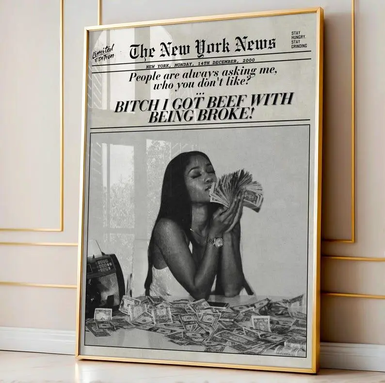 Luxury Vintage Newspaper Wall Art, Money Motivation Poster, Wealth Aesthetic Decor Decoration Photo