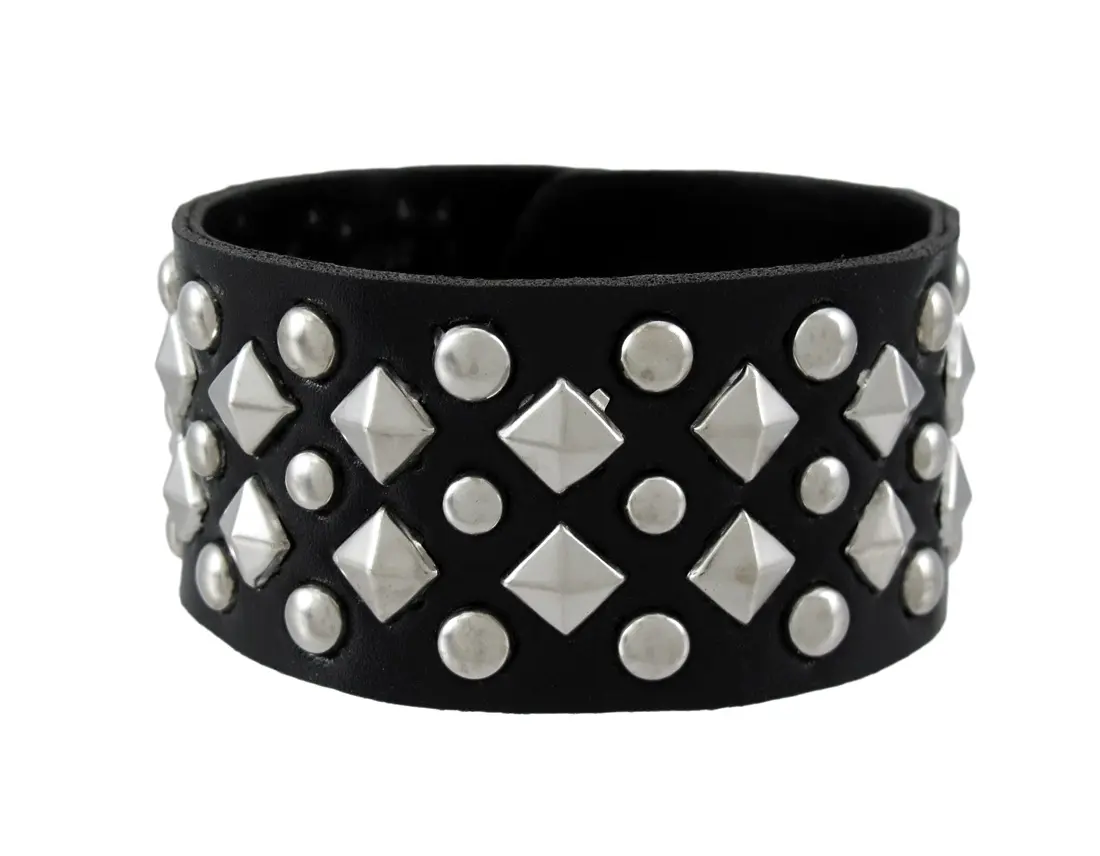 Black Vinyl Wristband with Chrome Pyramid and Round Studs 8.75 Inches Long