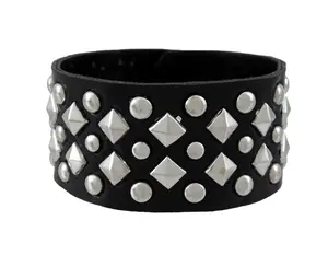 Black Vinyl Wristband with Chrome Pyramid and Round Studs 8.75 Inches Long
