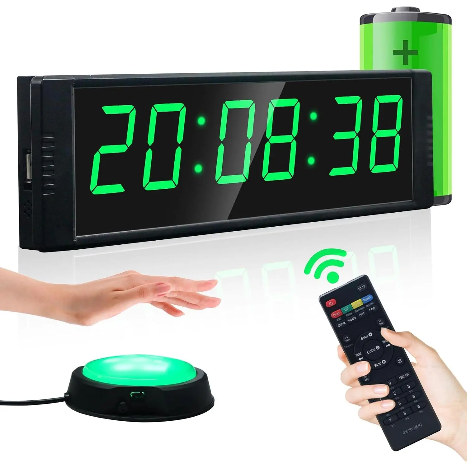 Gym Timer Clock for  Gym, Fitness Timer with Start/Stop Button, Interval Timer for Workout, Stopwatch/Countdown Timer with Remote, 12/24H Digital Wall Clock, Portable  Gym Accessories