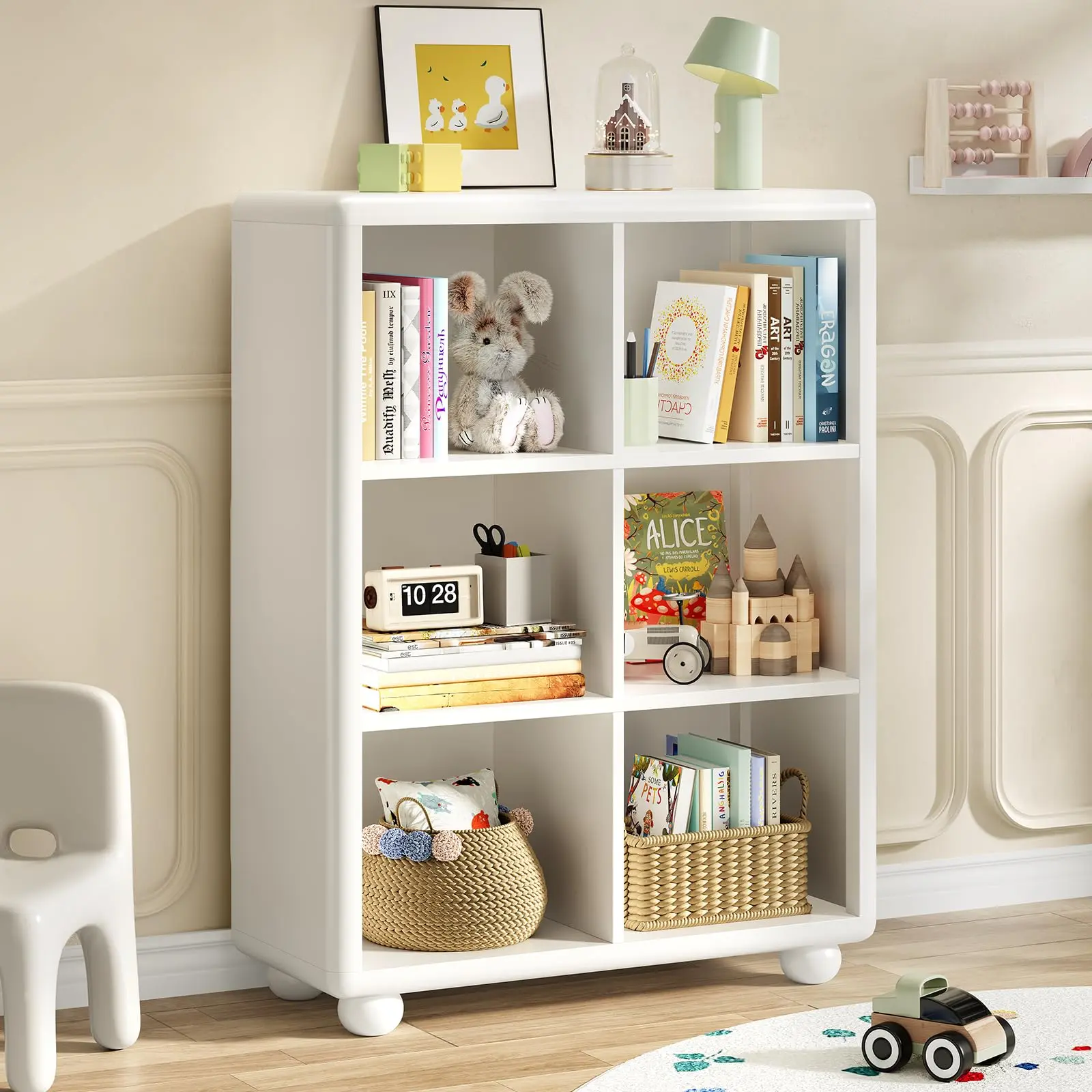 【SummerFinds】ONBRILL Kids Sturdy Stable Waterproof Wooden Bookshelf Book Rack - 6-Cube Large Storage Organizer Cabinet, Child-Safe Paint, Thick Boards, 31.42 x 11.73 x 41.34 inches - for Playroom, Living Room (Open Layout)